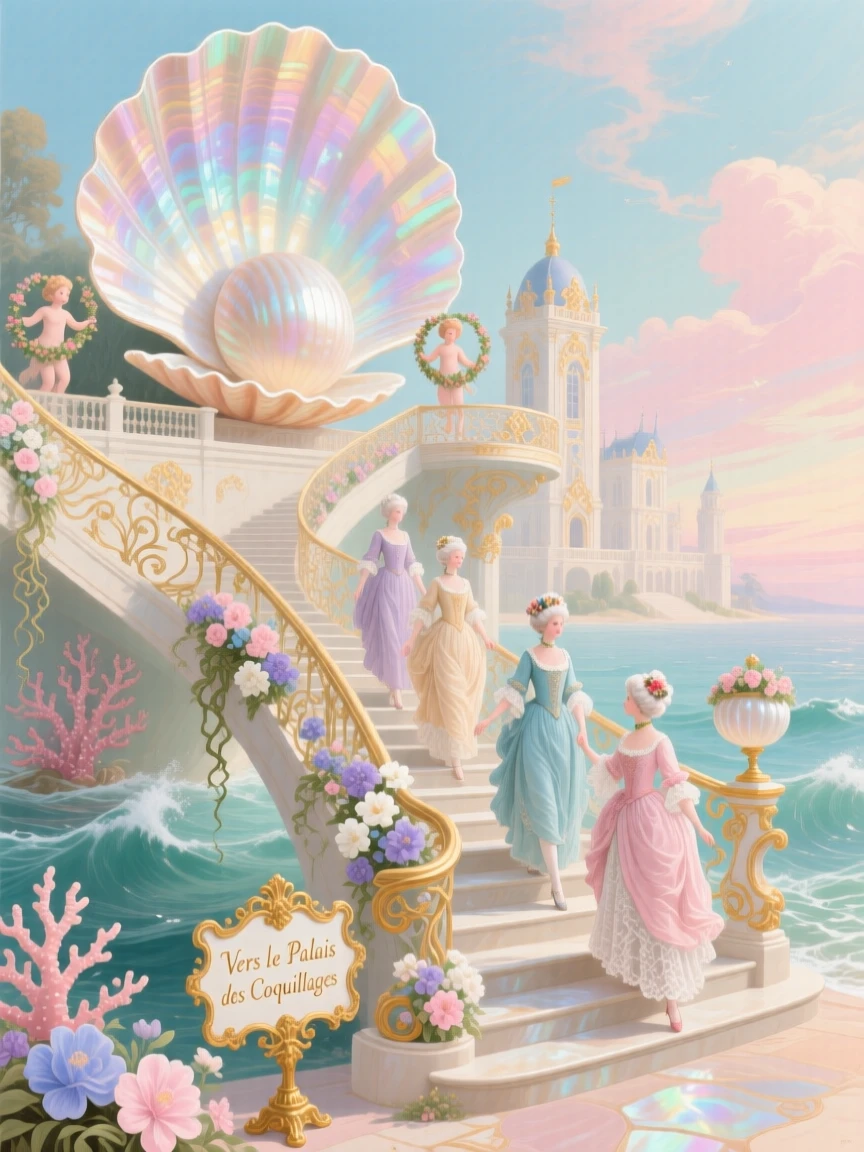 A grand staircase rising from the sea to a palace of shells  