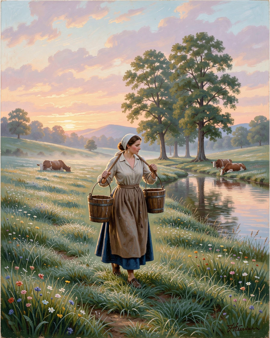 A milkmaid carries pails across a dew-covered pasture at dawn.