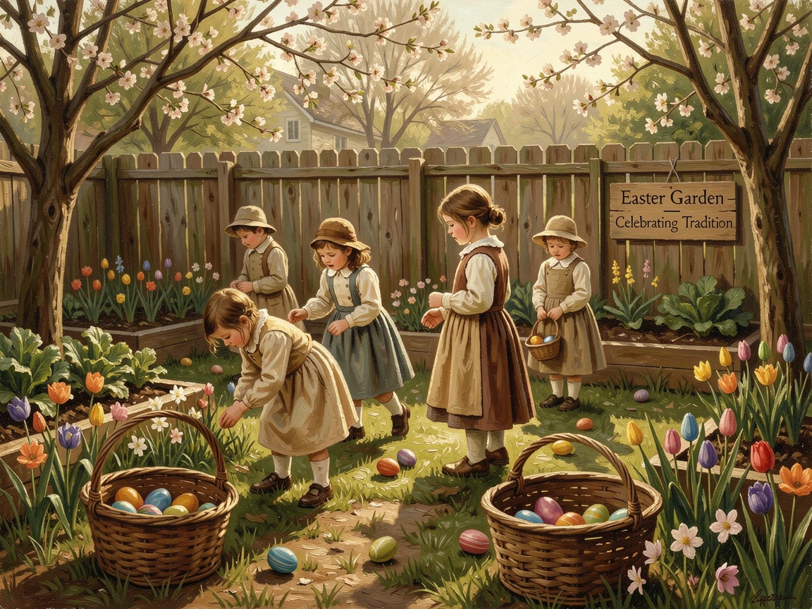 A springtime Easter egg hunt in a sunlit backyard garden, with warm, inviting light glowing throughout the scene, celebrating the beauty and traditions of the time of year
