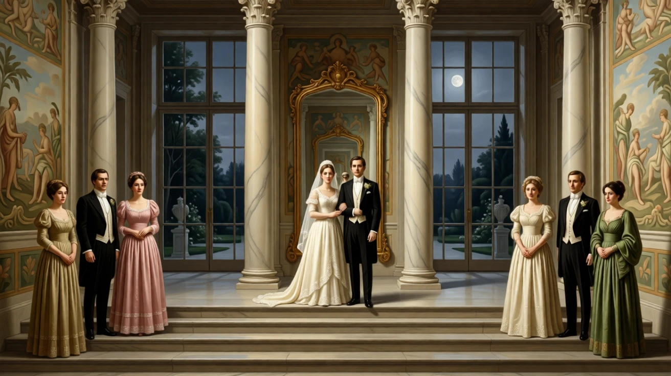 A wedding party posing on the steps of a stately manor in a moment of quiet, practiced grace, set in a frescoed reception hall lined with marble columns, with tall windows revealing a moonlit garden beyond; a mirror in the background subtly doubles the scene's elegance, evoking refinement, tradition, and quiet opulence.