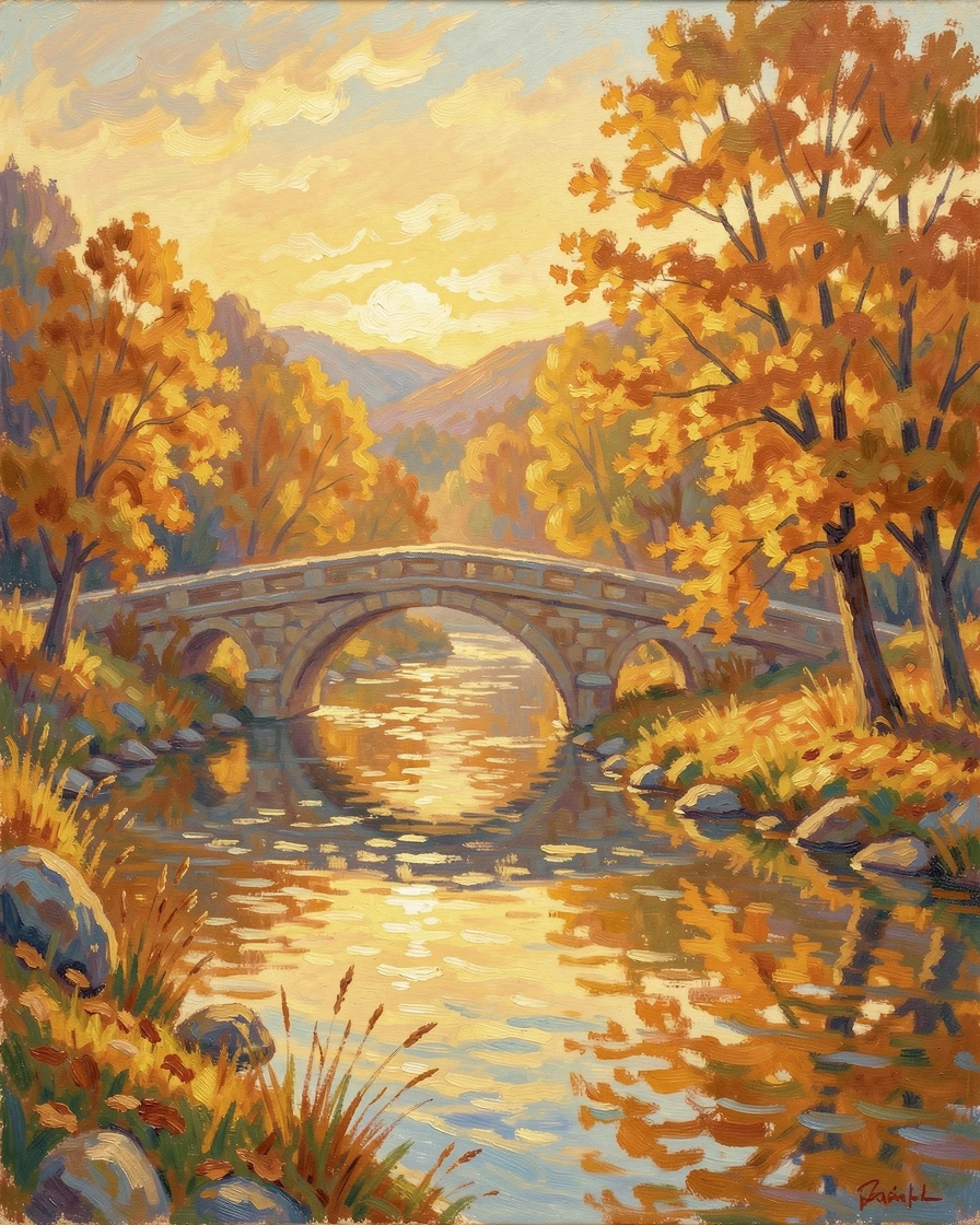 A gentle river winding through a golden autumn valley, a stone bridge arching over the slow-moving water, at golden sunrise, evoking timeless charm and quiet elegance.