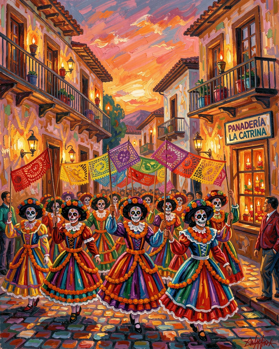 A colorful Day of the Dead procession winding through a Mexican town square at dusk.