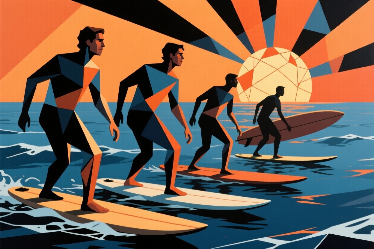 A group of surfers watching the sunrise together from their boards offshore.