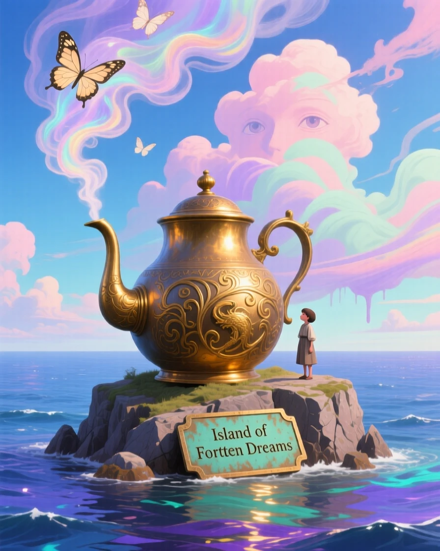 An enormous kettle steaming gently atop a small rocky island sits abandoned beneath a sky streaked with soft pastel clouds, while a single small figure stands beside it for scale.