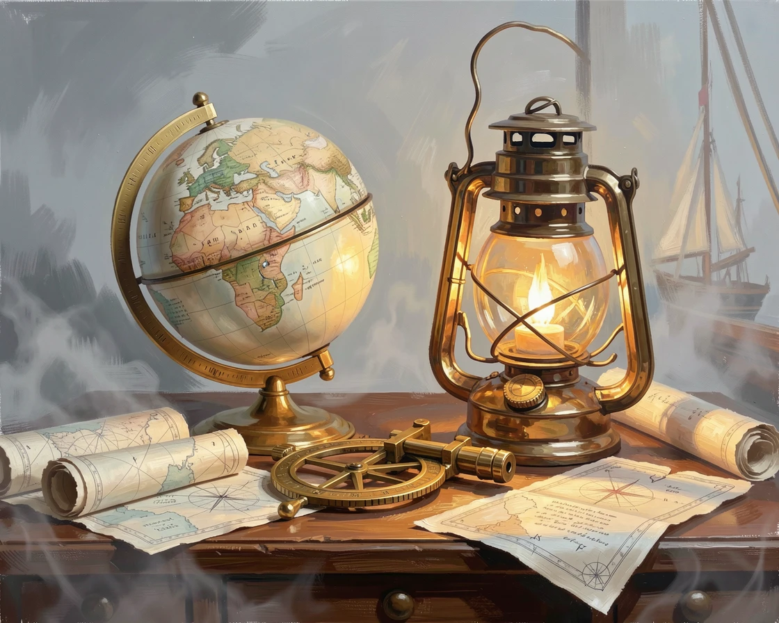 An antique globe sits beside a brass sextant and rolled nautical charts on a ship captain's desk illuminated by a swinging lantern, the air carrying a faint mist that softens distant shapes without obscuring the overall view.