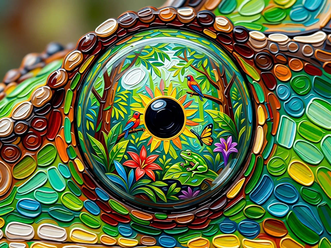 A close-up of a chameleon's eye reflecting a miniature rainforest world