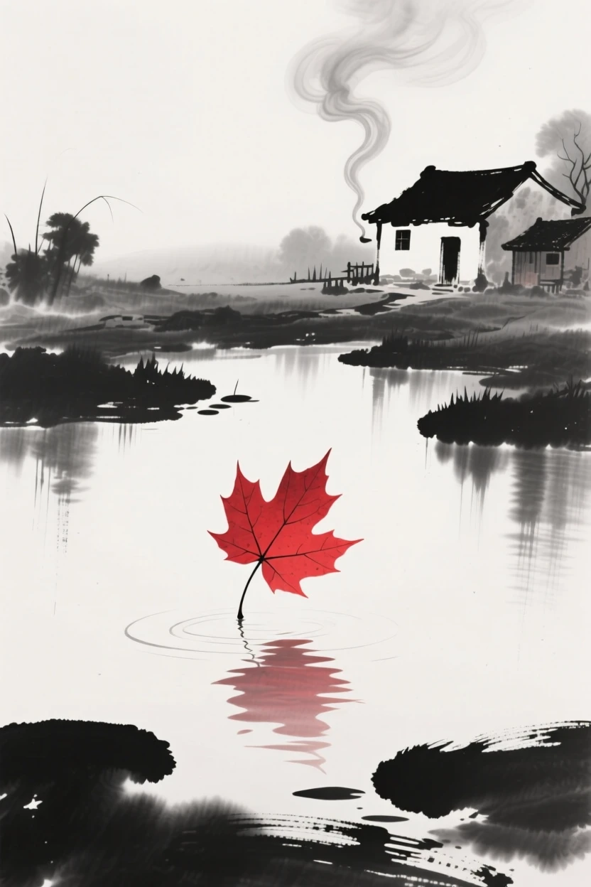 A single red maple leaf drifts down onto the surface of a still pond, with smoke rising gently from a nearby farmhouse.