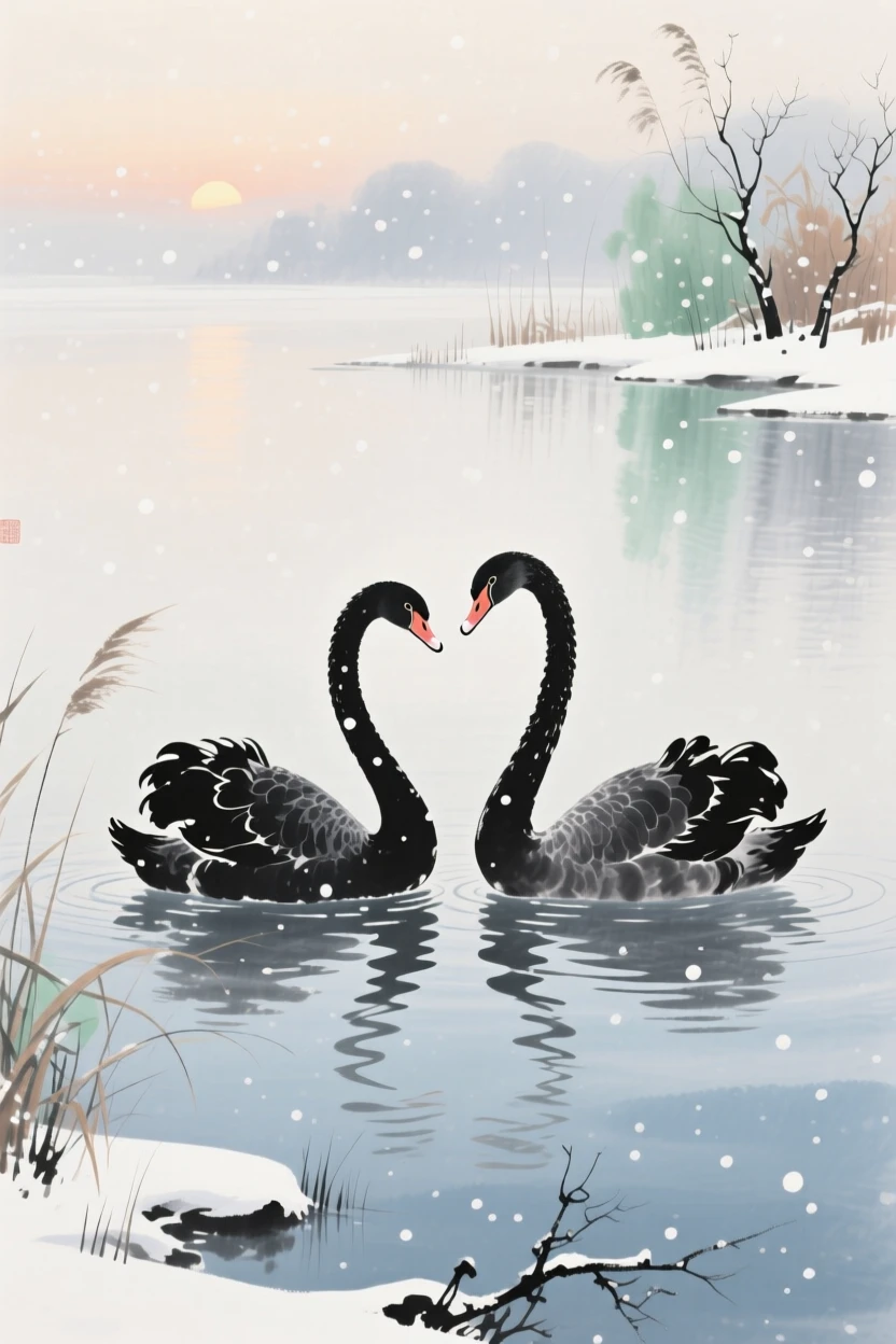 A pair of swans gliding side by side across a quiet lake, touched with gentle melancholy, under the first snow of winter.