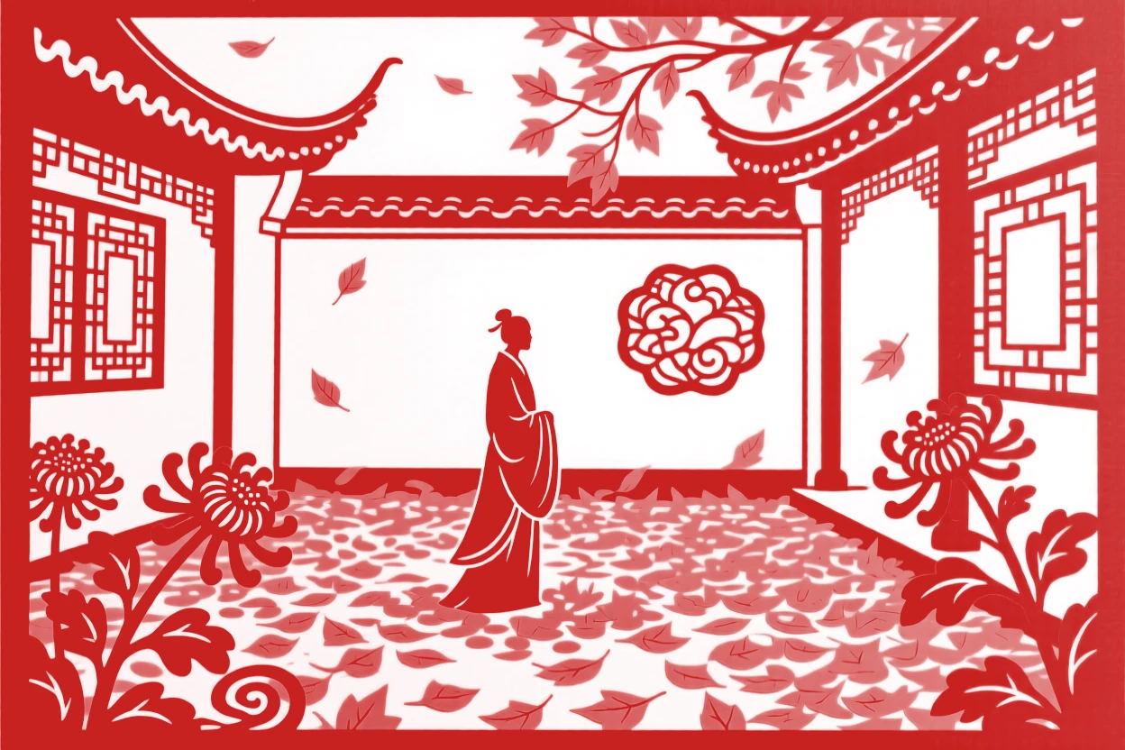 A Autumn scene of a courtyard filled with golden fallen leaves, a lone figure pausing to take in the view.