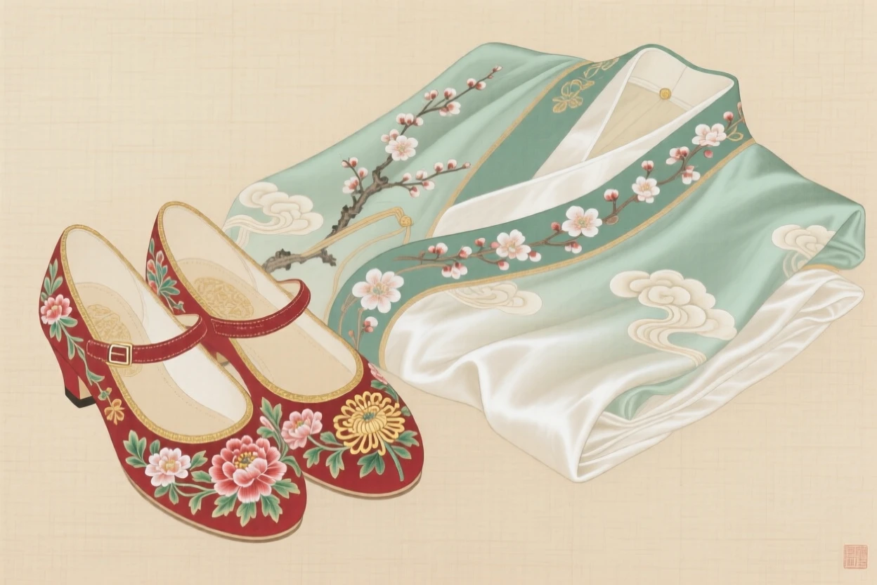 A pair of embroidered shoes beside a silk robe