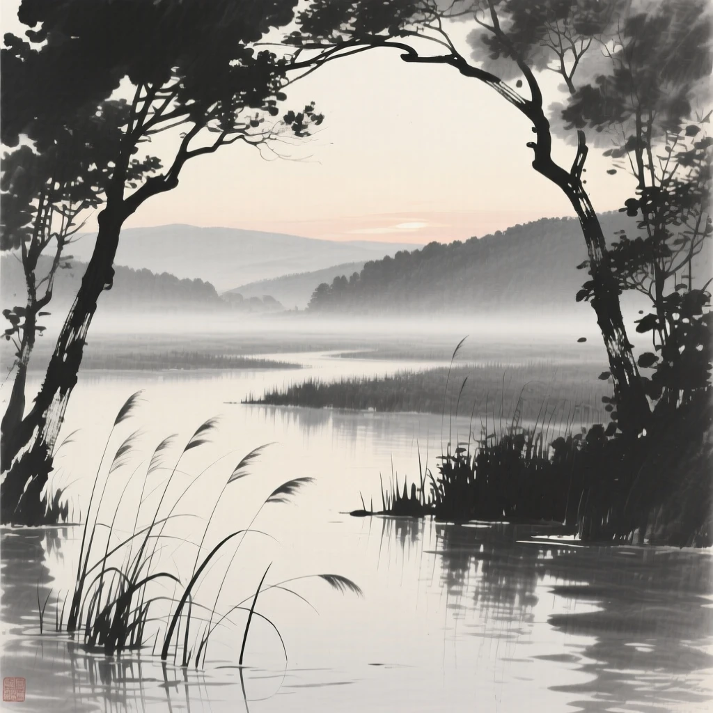A tranquil marsh dotted with reeds and still water at first light, when the world is still hushed and grey, framed through a gap in the trees, revealing the valley beyond, suggesting the quiet vastness of the natural world.