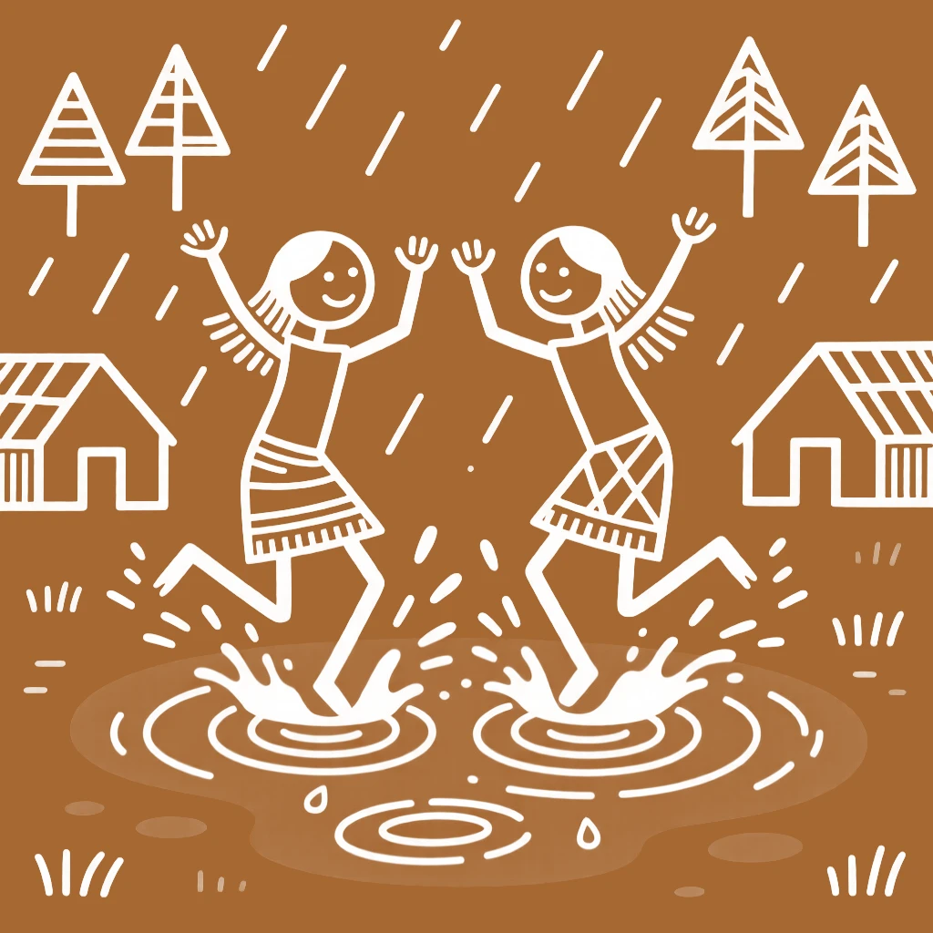 Twin sisters splashing in a puddle after the rain.