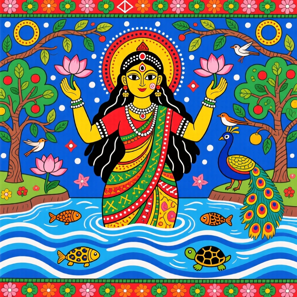 A river goddess emerging gently from the waters of a sacred river.