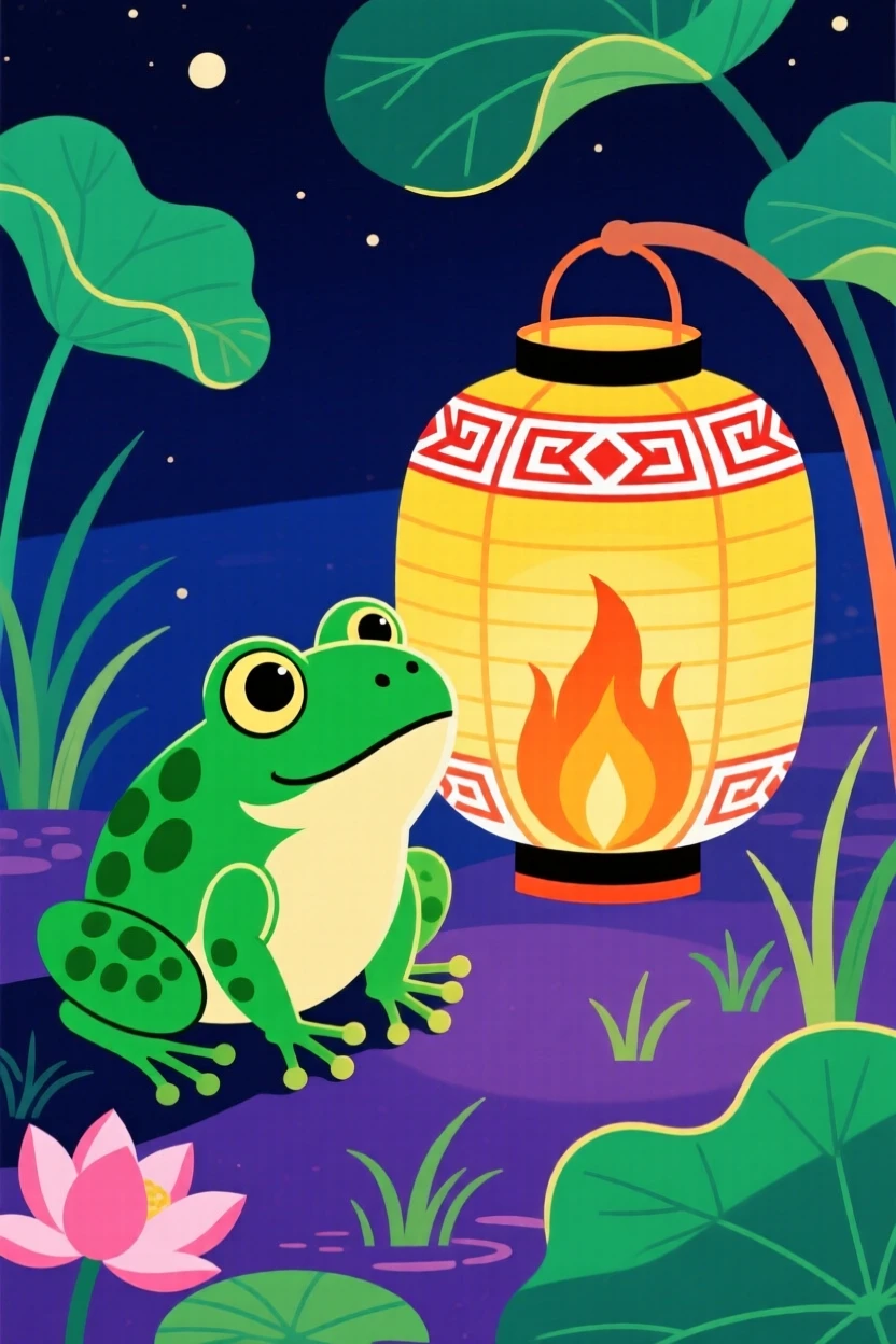 A small green frog gathered around a paper lantern at night.
