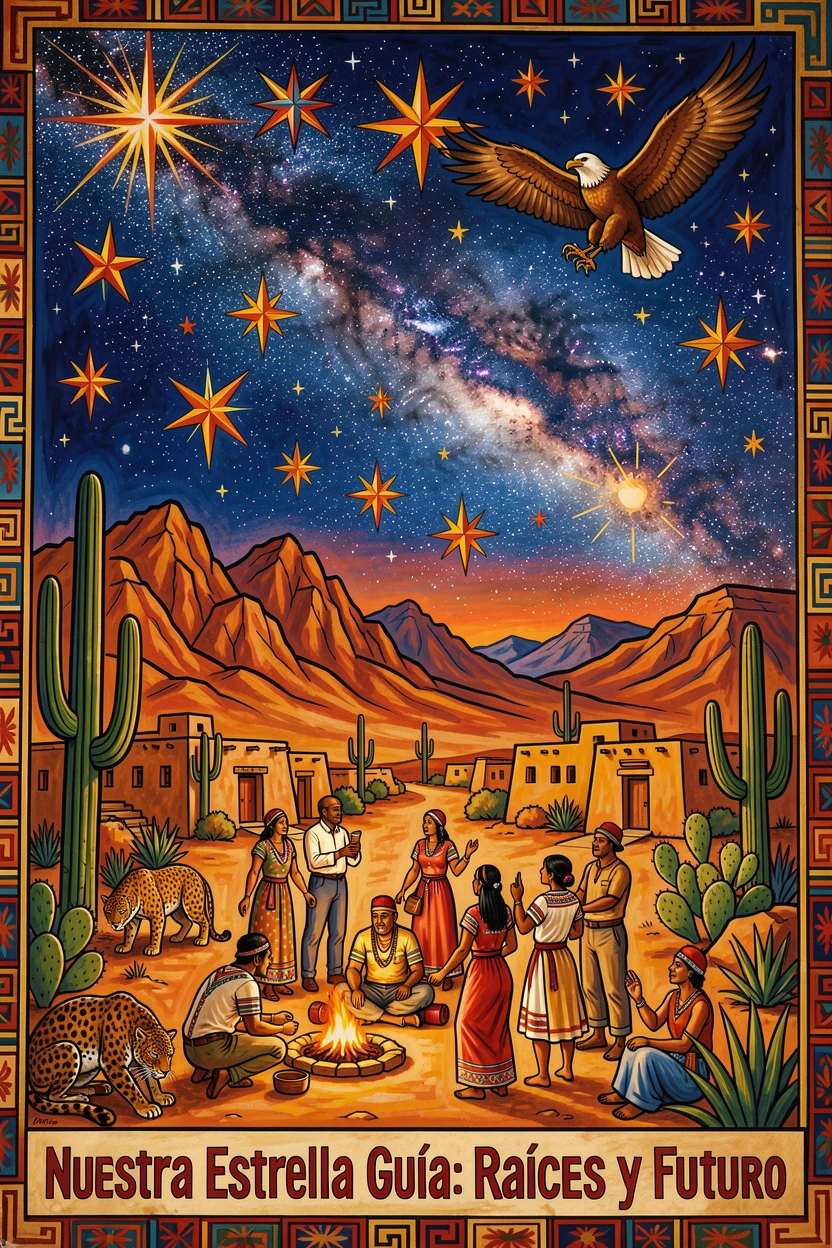 A star-filled sky stretching over an ancient desert landscape