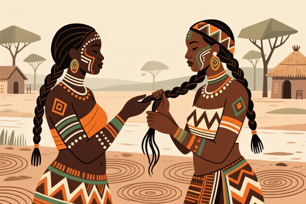 Women braiding each other's hair while chatting at the edge of a quiet village.