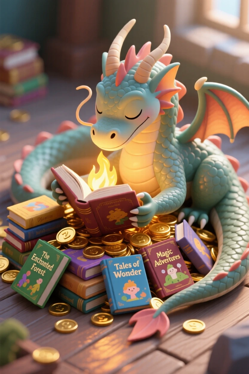 A dragon curled protectively around a hoard of storybooks instead of gold, reading by the light of its own fire.