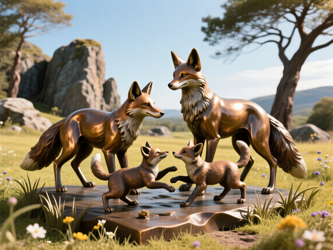 A family of foxes playing in a sunlit meadow, framed by dramatic natural scenery, evoking wonder and majesty