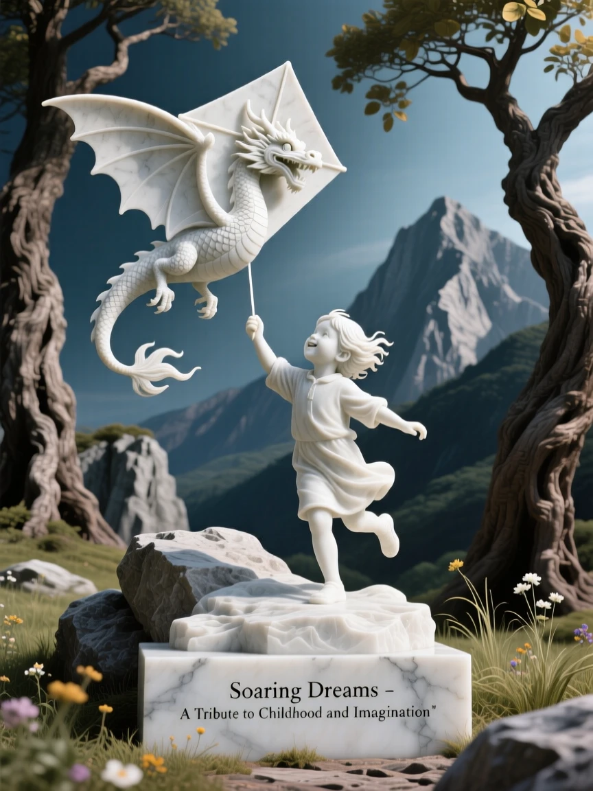 An evocative depiction of a child flying a kite shaped like a dragon, framed by dramatic natural scenery, balancing detail with emotional depth