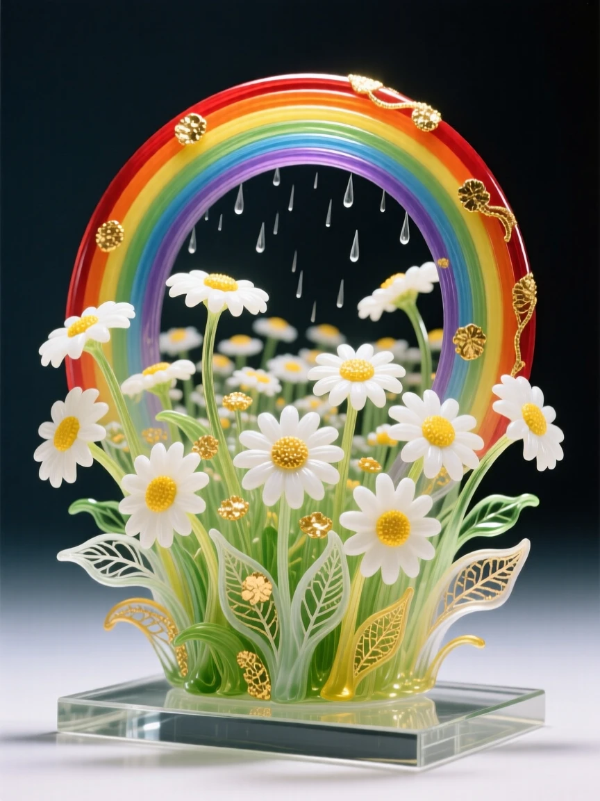 A field of blooming daisies stretching beneath a rainbow after spring rain, hopeful and cheerful.