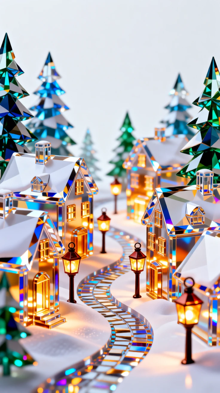 A snow-covered village at Christmas with warm lantern-lit streets.
