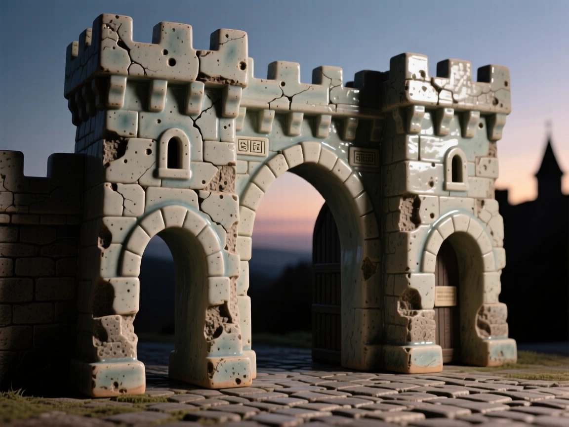 A medieval city gate with weathered stone arches silhouetted against a fading twilight, with weathered stone showing centuries of history, evoking timeless wonder and quiet grandeur.