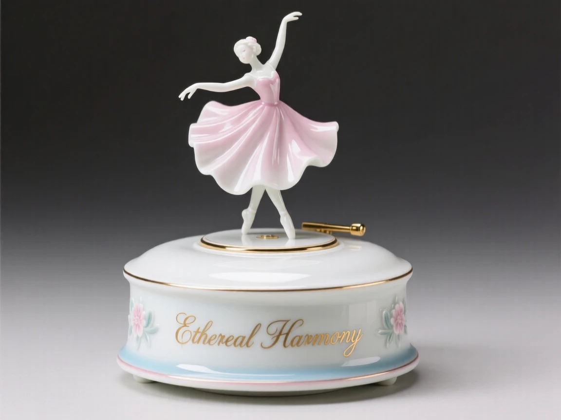 An elegant music box with a tiny dancing figure, catching glints of light from every angle.