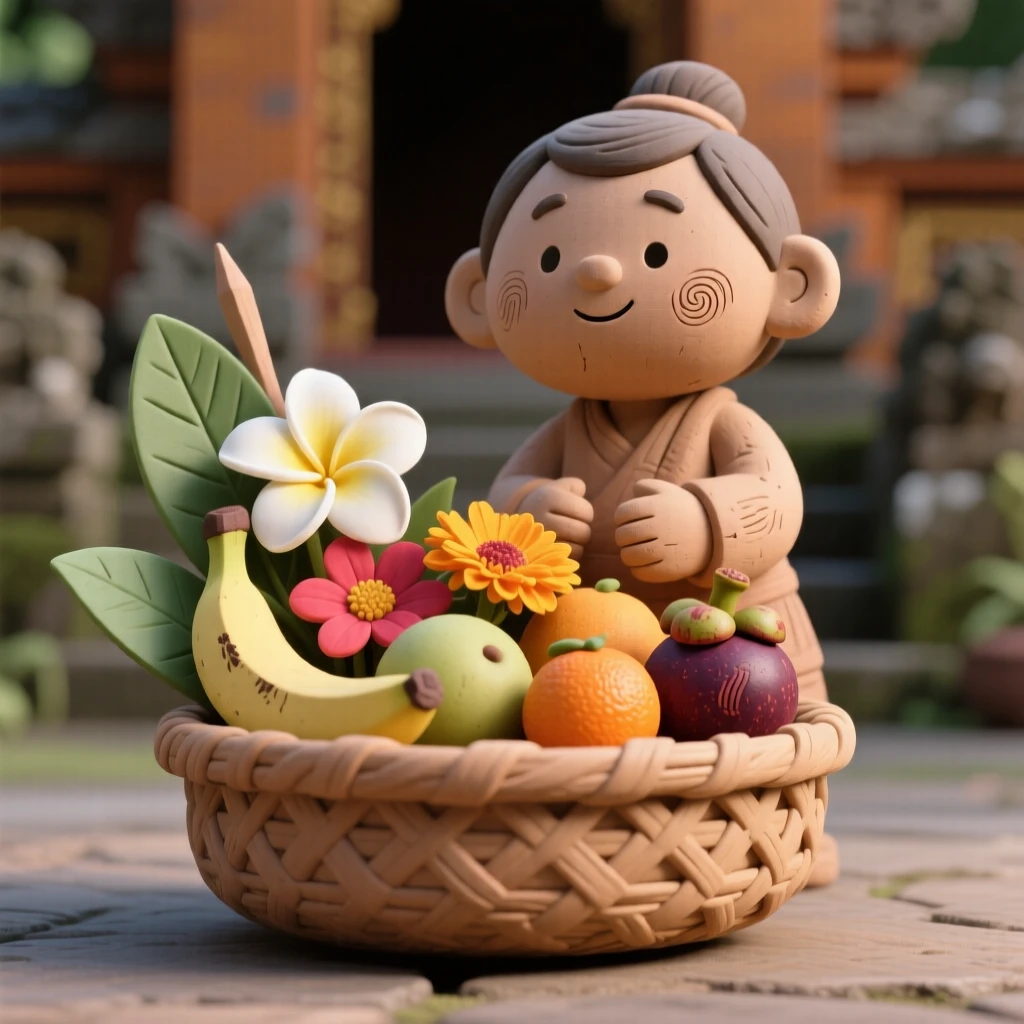 A traditional Balinese temple offering arranged with flowers and fruit