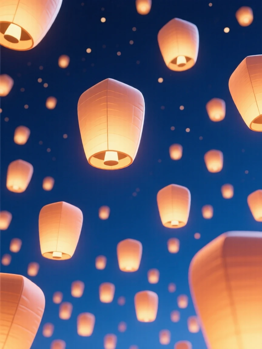 A floating lantern festival fills a night sky with hundreds of glowing paper lights drifting upward together.
