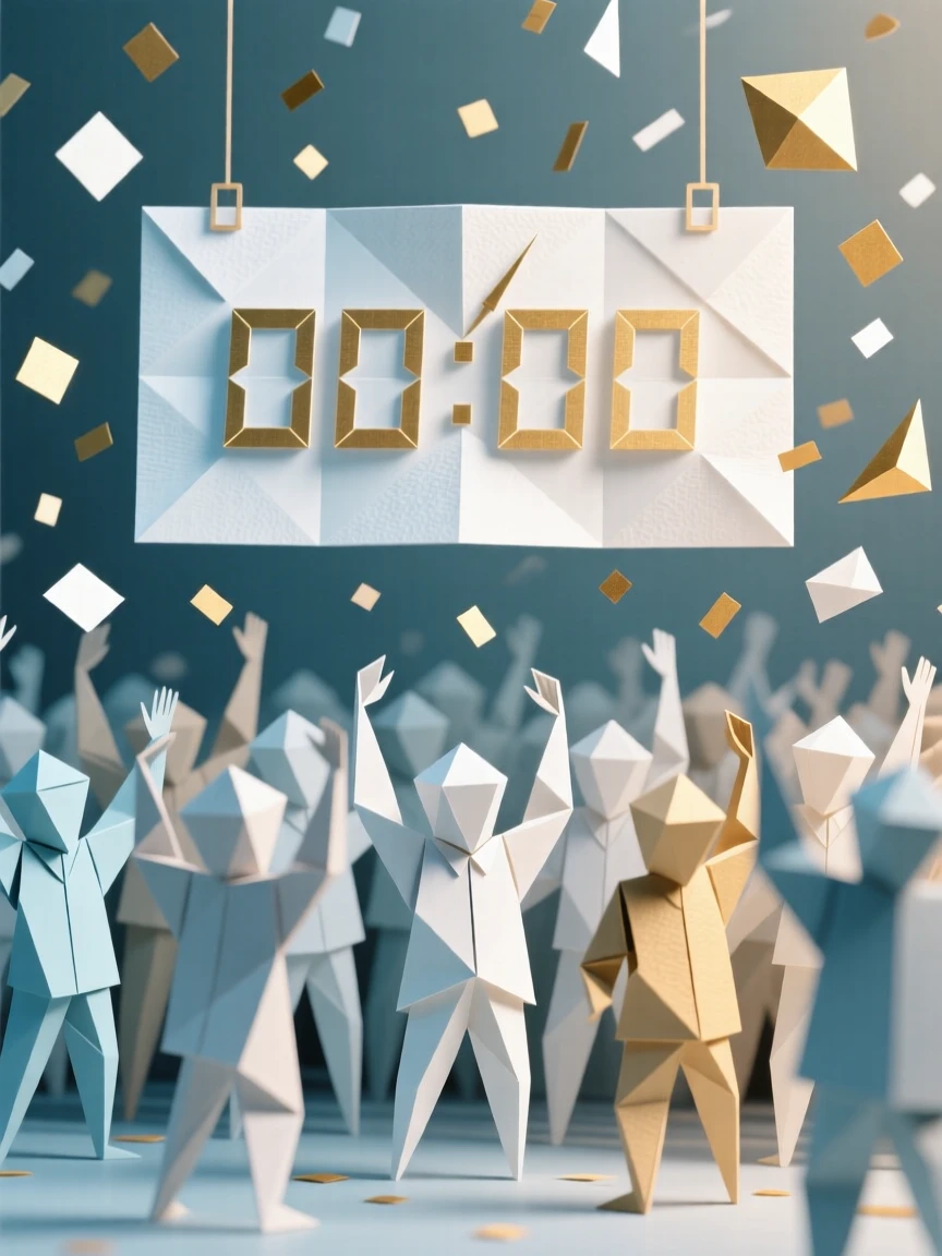A New Year's Eve countdown scene with confetti falling over a cheering crowd at midnight.