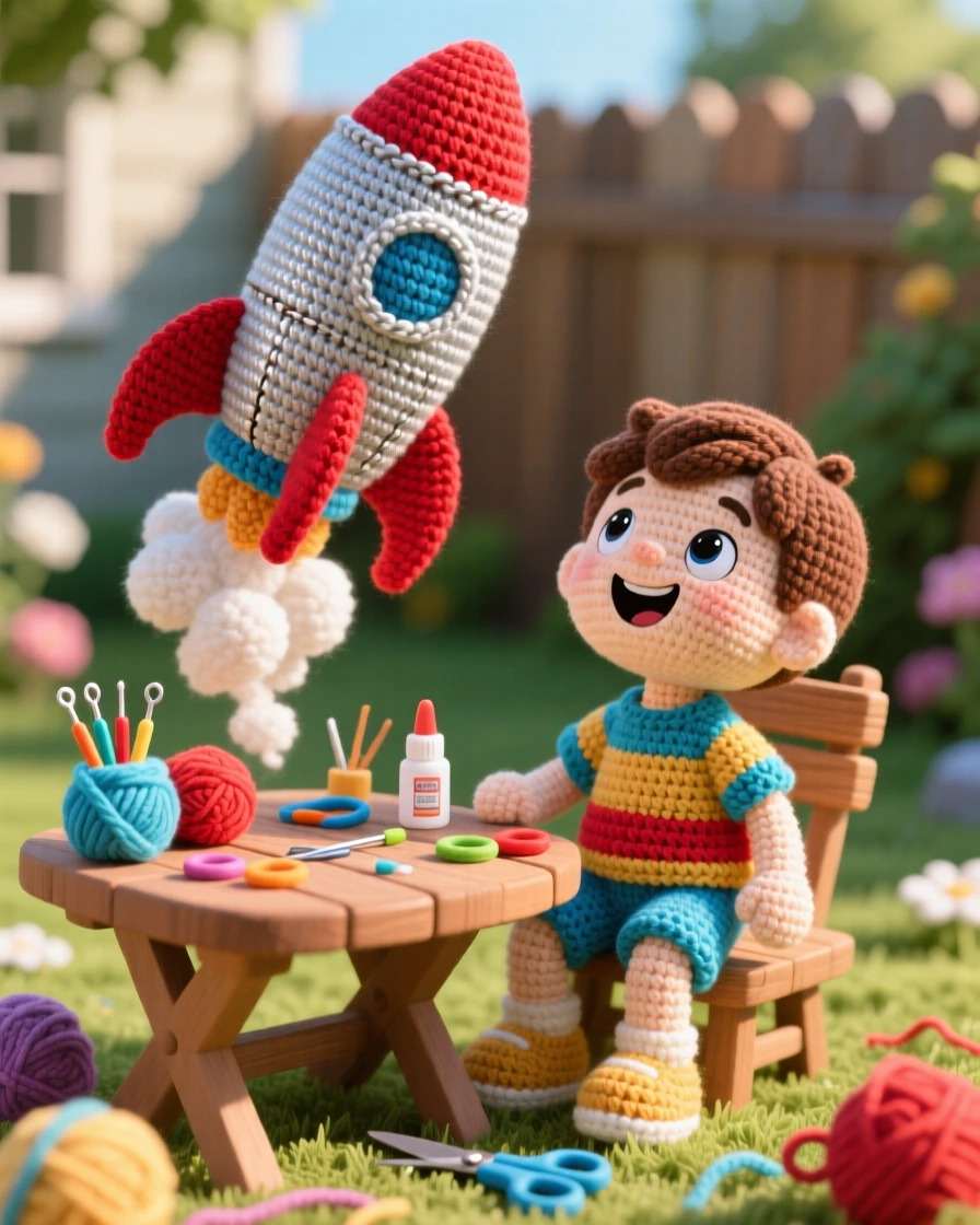 a small boy flying a homemade rocket, with a proud, excited grin, watching it launch into the sky, in a sunny backyard on a warm afternoon, with a scattering of craft supplies on the table, radiating patient concentration and creative satisfaction.