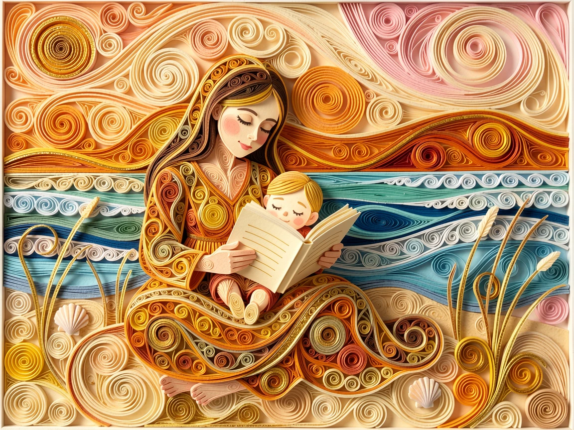 A heartwarming moment of a mother reading a bedtime story to her sleepy child on a quiet beach at golden hour, with a comforting, homely atmosphere throughout, composed with warm golden light wrapping around the scene.
