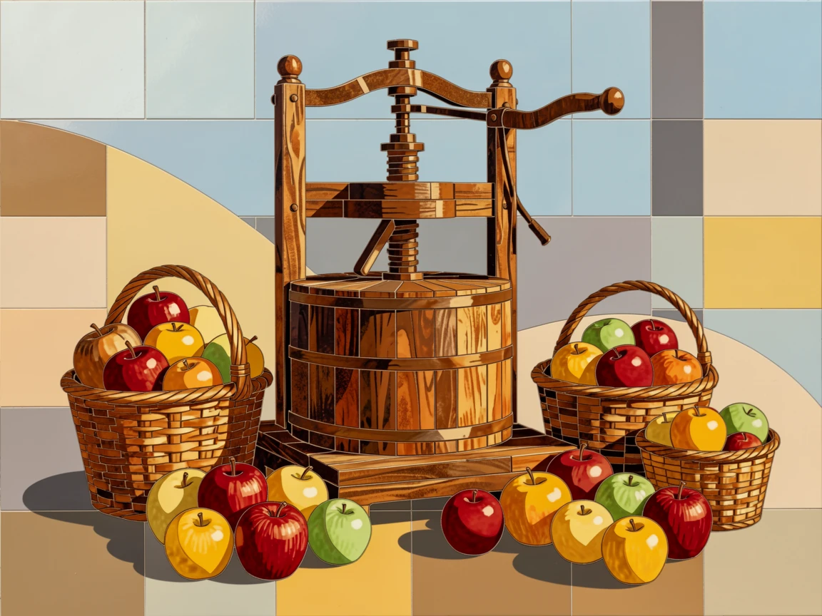 A rustic apple cider press surrounded by baskets of harvest fruit.