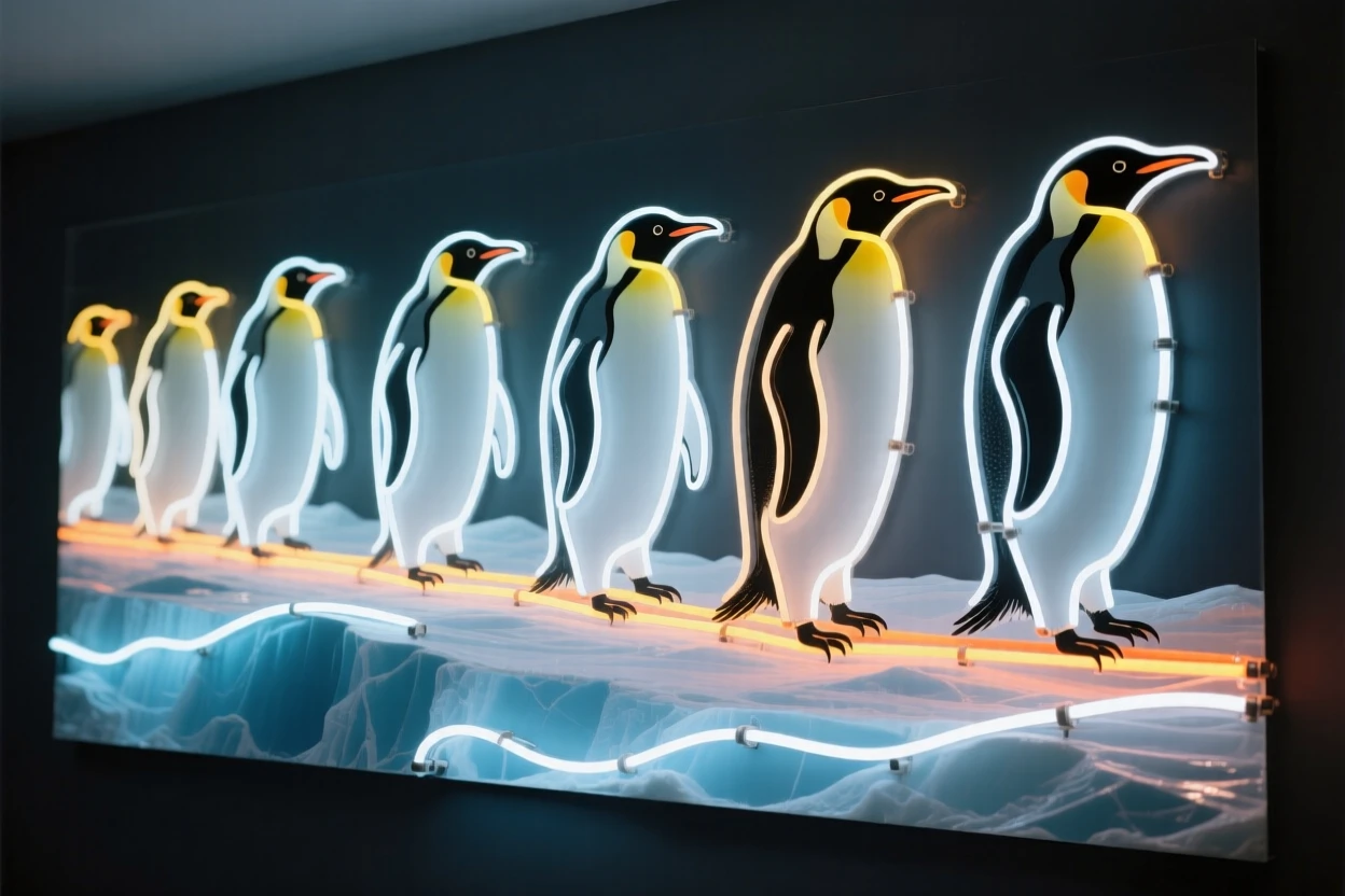 A colony of emperor penguins marching across the Antarctic ice.