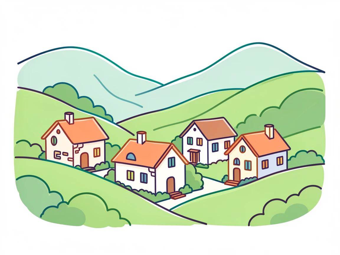 A quiet mountain village with terracotta rooftops nestled among green hills.