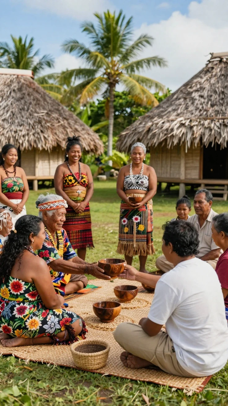 A Fijian village welcoming visitors with traditional kava ceremony