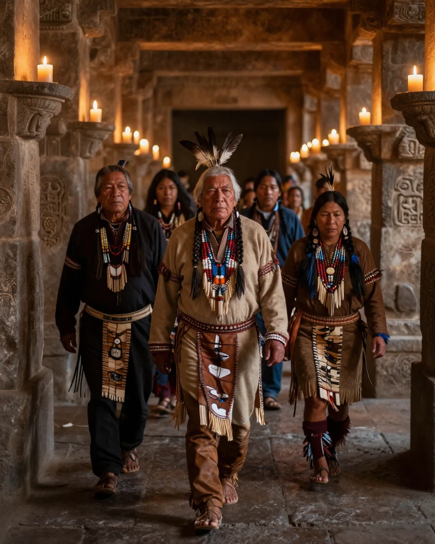 A gathering of tribal storytellers walking along a candlelit temple corridor