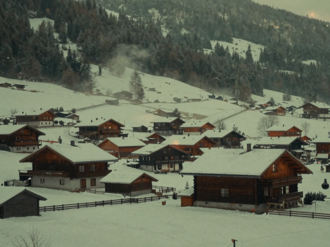 A small alpine village dusted with fresh snow, in the last light of dusk, as mist rises off the ground, during the long days of summer, with muted olive and rust colors, through a rain-streaked window.