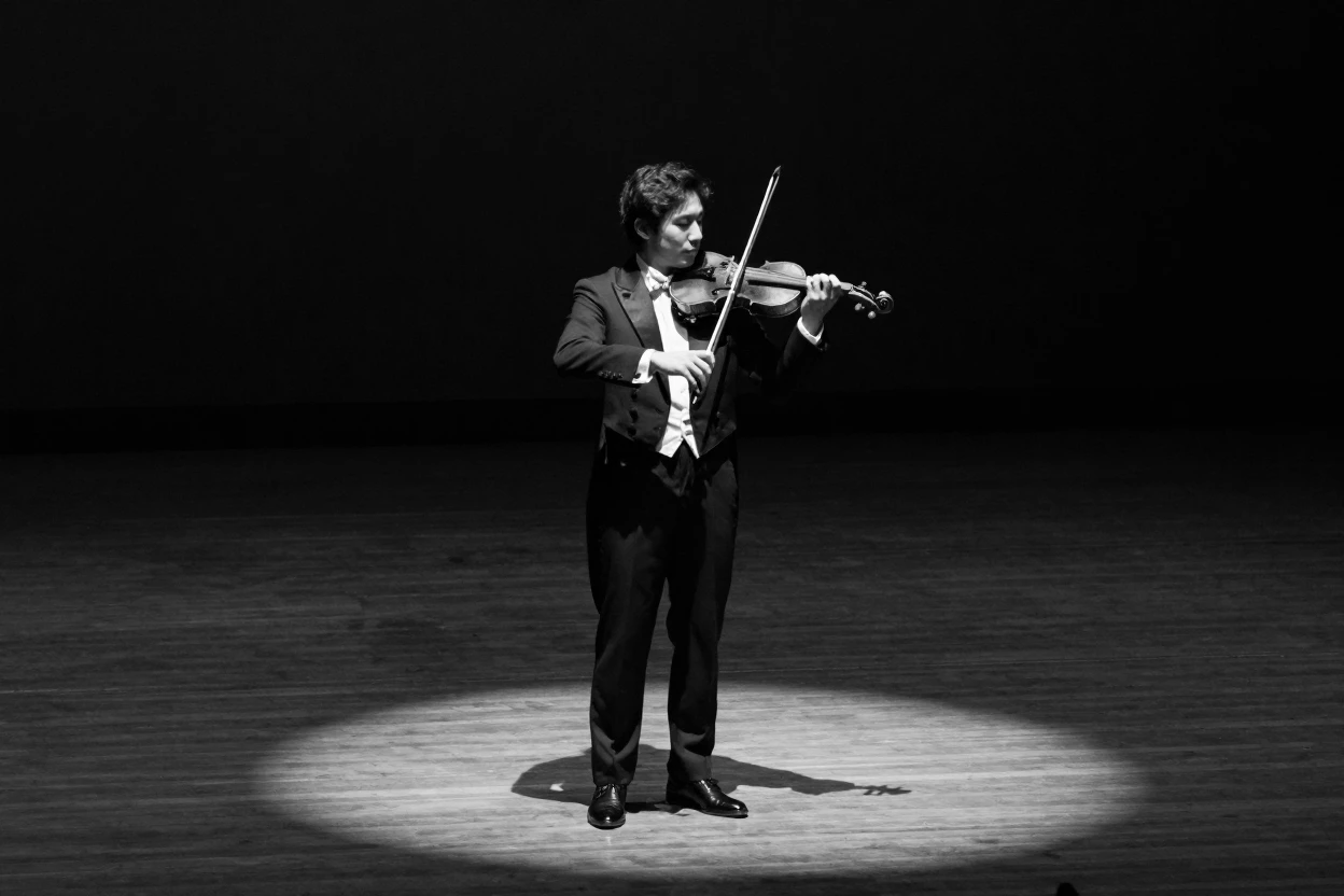 A violinist performs alone on an empty stage under a single spotlight.