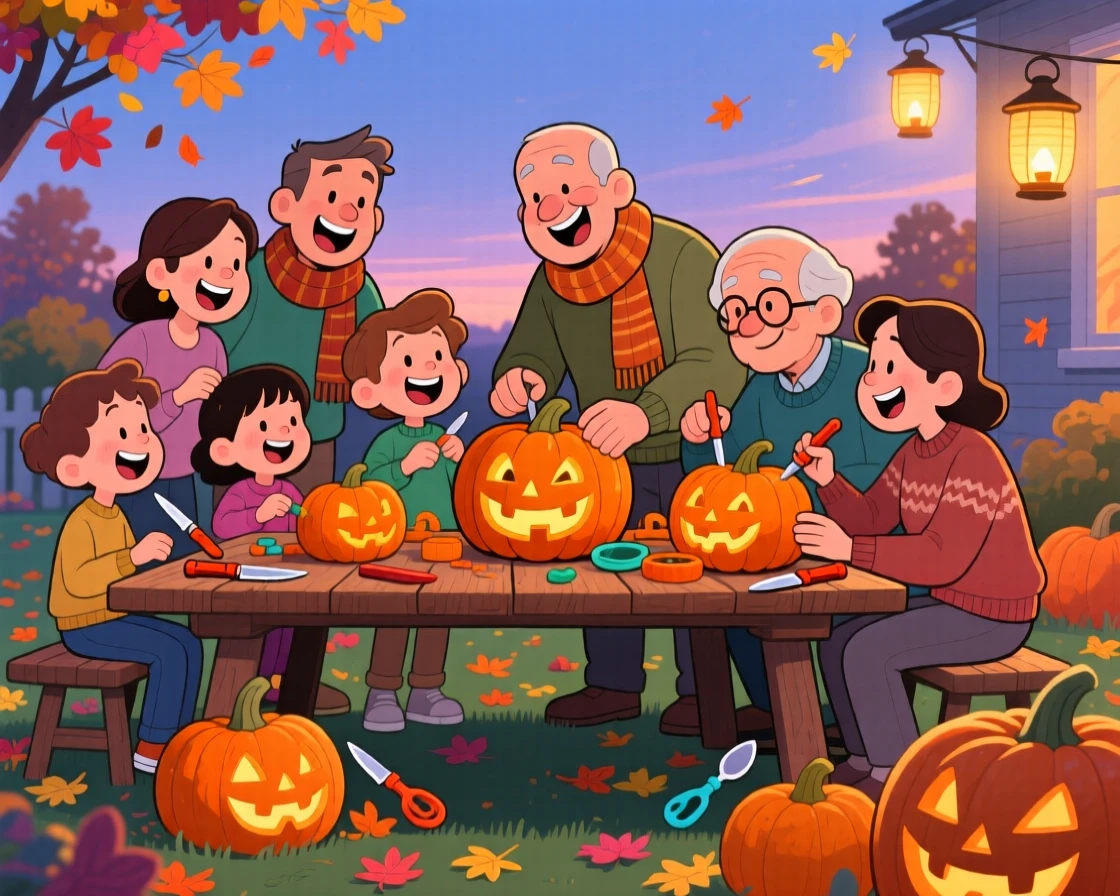 A festive celebration scene of a big extended family carving pumpkins together on a crisp autumn evening, with warm lanterns glowing softly nearby.