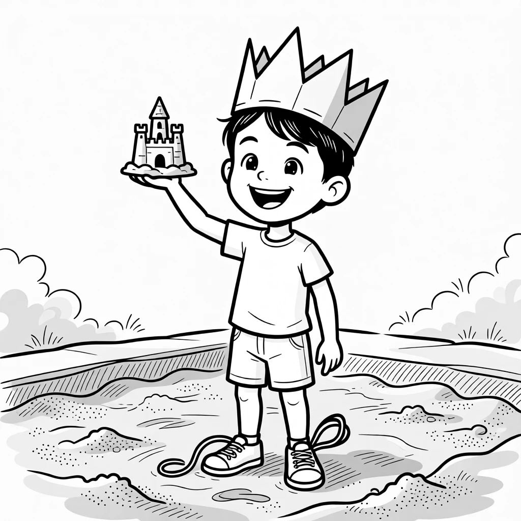 A child proudly wearing a paper crown, holding the final piece high in victorious triumph, set in a sandy backyard sandbox. A shoelace trails untied and forgotten. The scene captures the wild imagination only kids have.