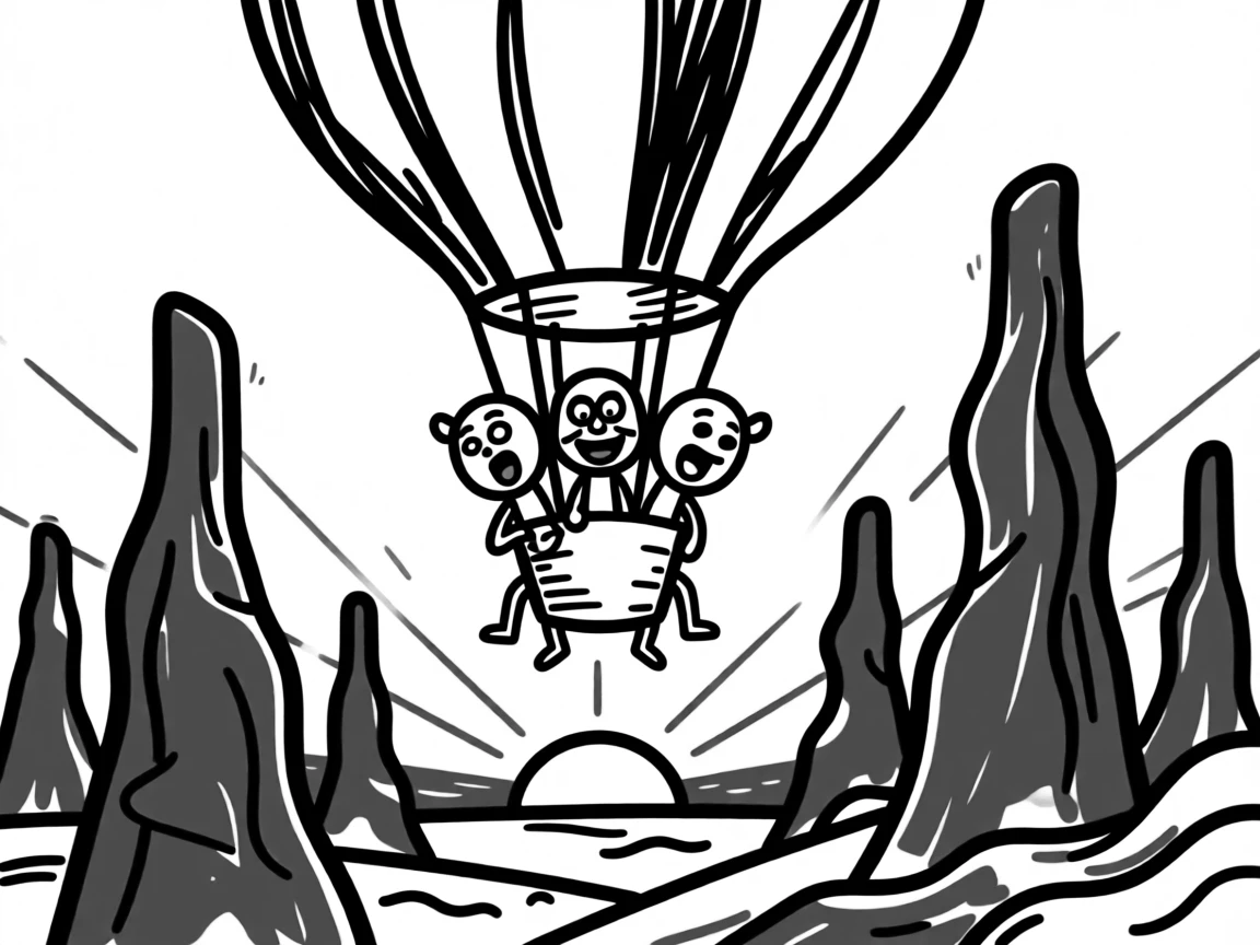A hot air balloon drifting over a surreal landscape of towering red rock spires at sunrise.
