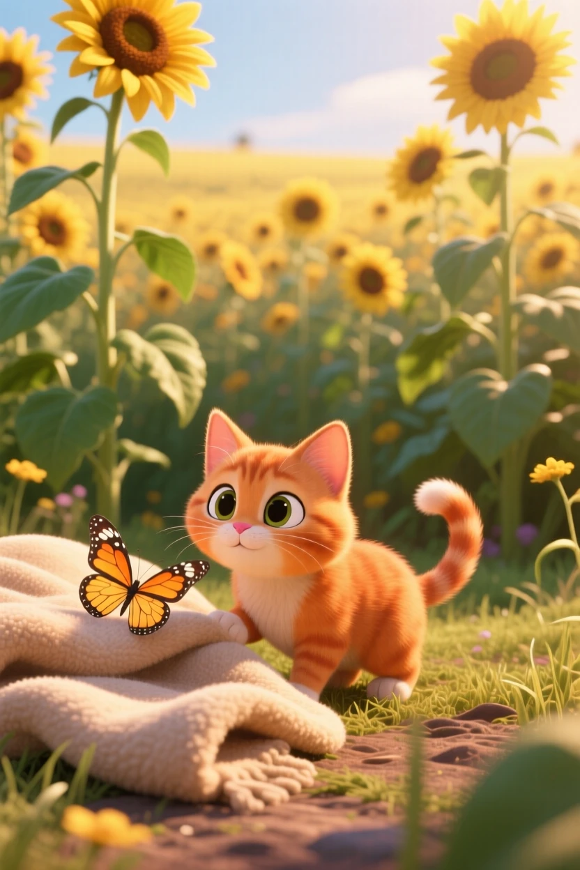 A tiny orange kitten is wandering through a field of sunflowers, nuzzling against a soft blanket. Innocent curiosity shines through the moment, with a small butterfly resting nearby.