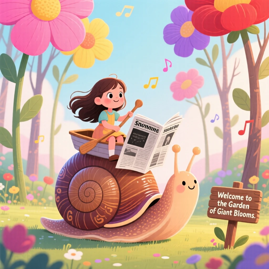 A girl riding a giant snail is sailing a boat made from a folded newspaper in a garden where flowers grow taller than trees, as a soft melody seems to hum through the air.