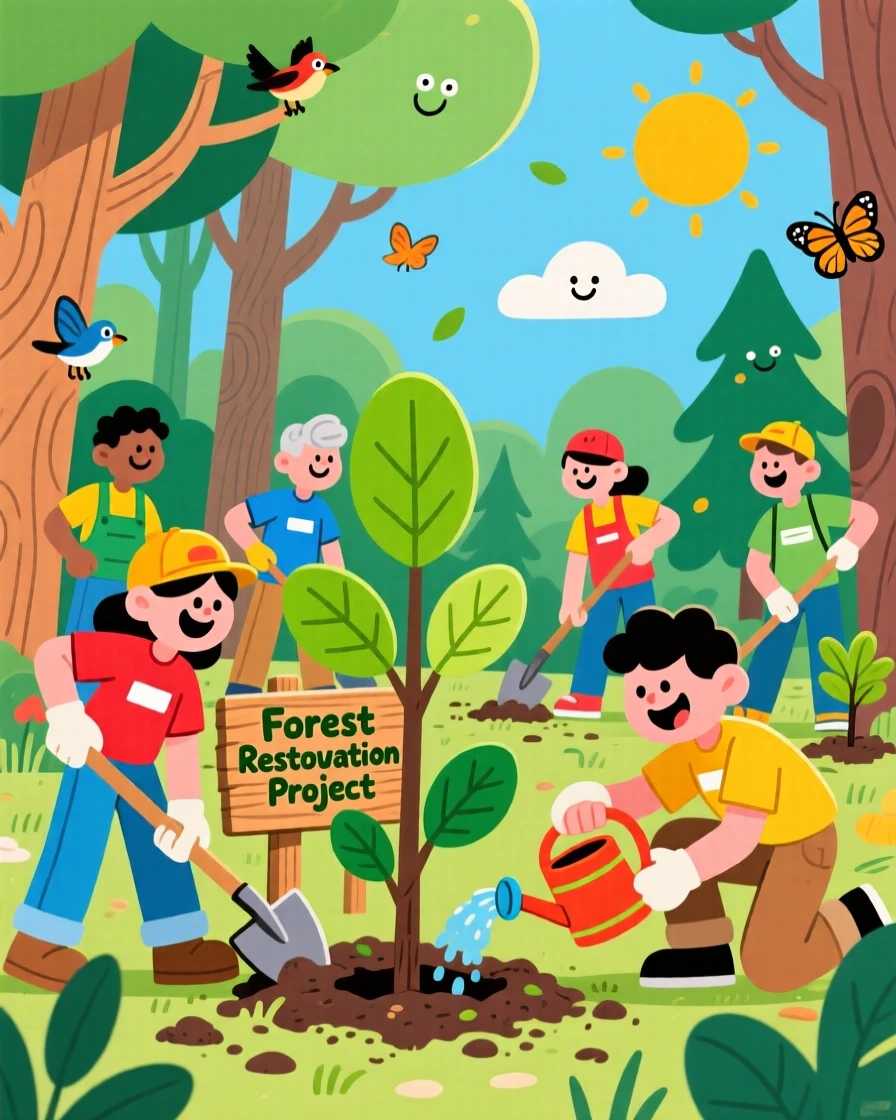 A group of volunteers planting trees to restore a forest.