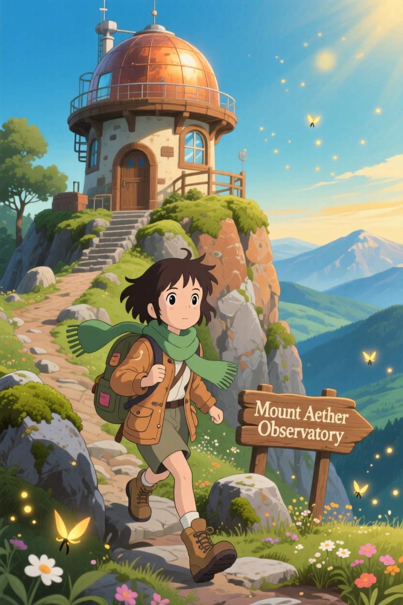 An explorer climbing toward a mountaintop observatory, the moment adventurous and hopeful.