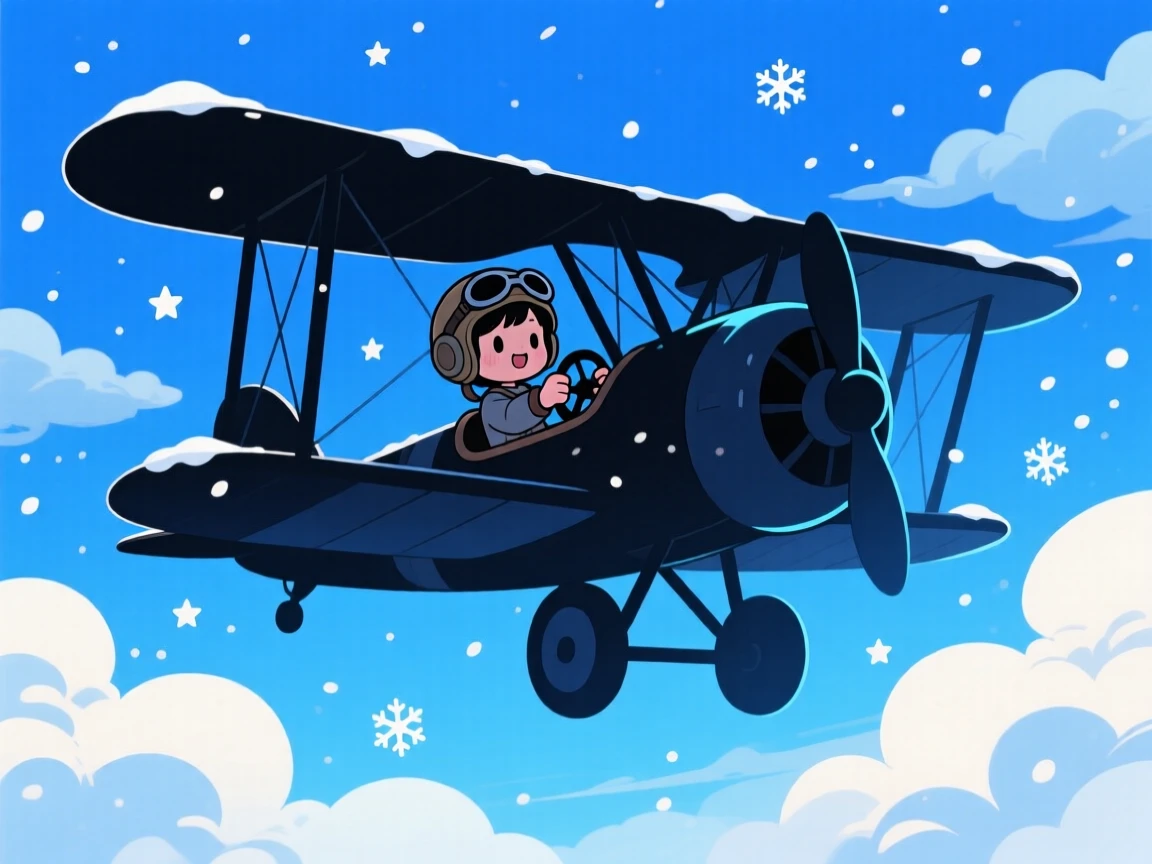 Silhouette composition of a child pilot, steering a biplane through fluffy clouds, in a bright blue sky, amid softly falling snow, illuminated by cool blue twilight glow, radiating curious excitement.