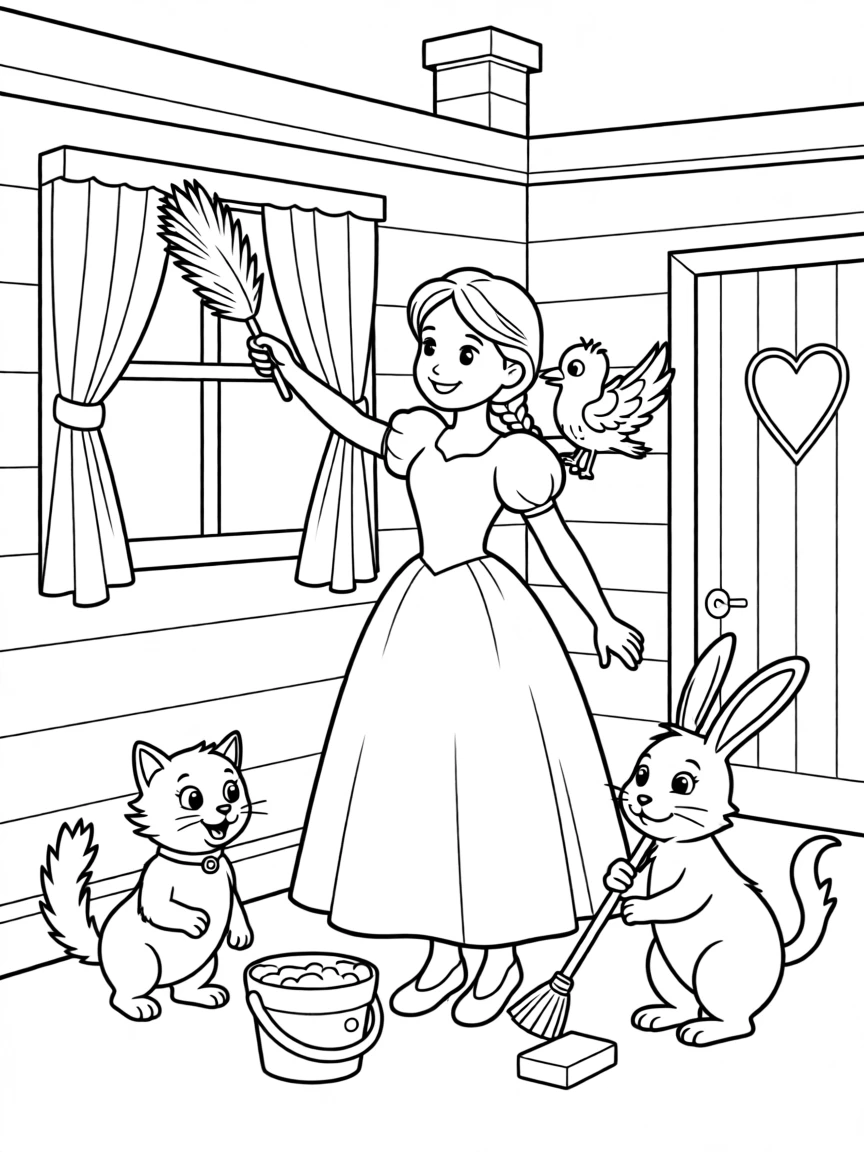 A princess and her animal friends cleaning a cottage together