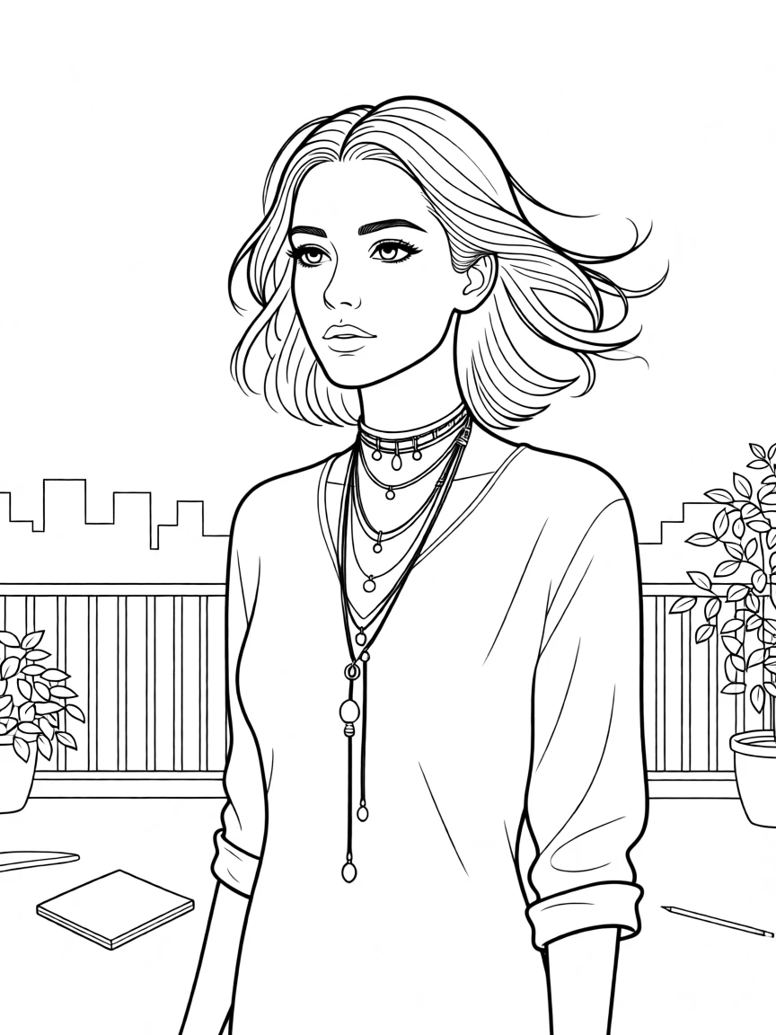 A choker necklace layered with delicate chains, captured mid-motion on a windy rooftop.