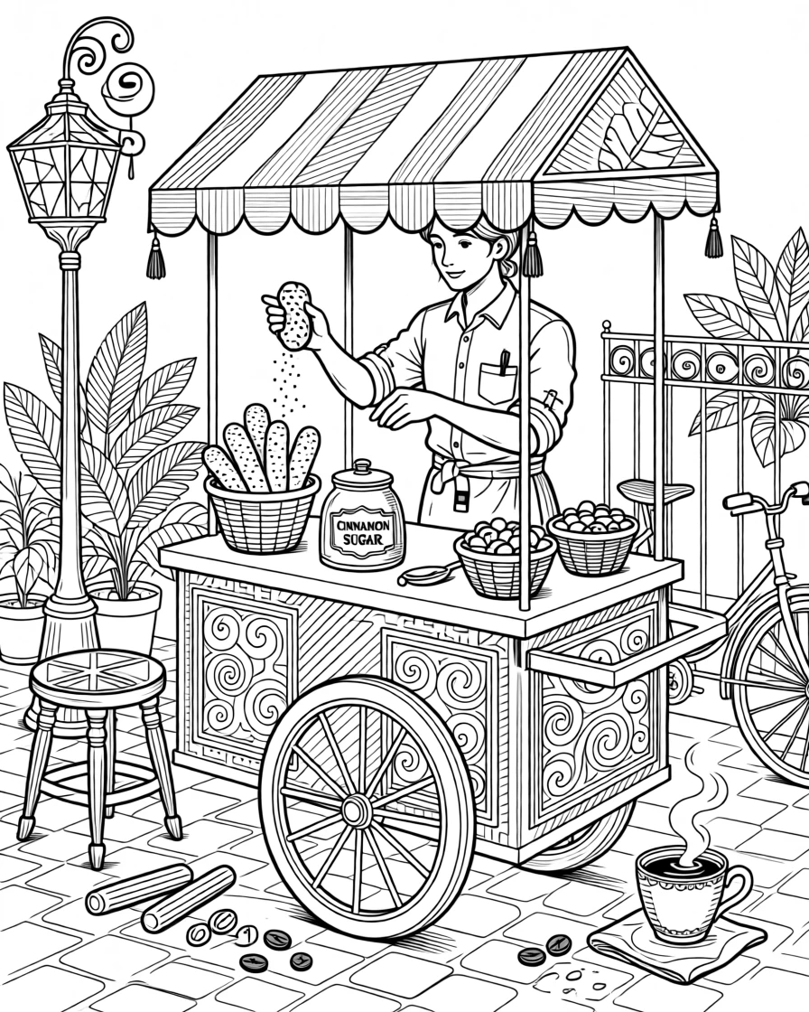 A cozy churro cart scene dusted with cinnamon sugar.